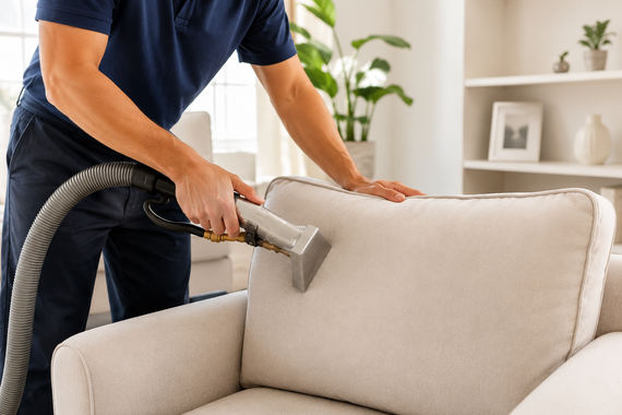 Person vacuuming a beige couch in a living room with a handheld upholstery cleaner