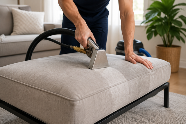 Cleaning a beige upholstered ottoman with a handheld steam cleaner in a living room
