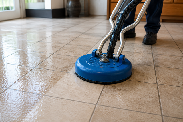 Person cleaning a tiled floor with a blue floor scrubber