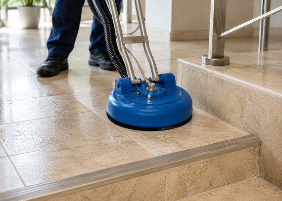 Blue floor scrubber cleaning stone steps indoors