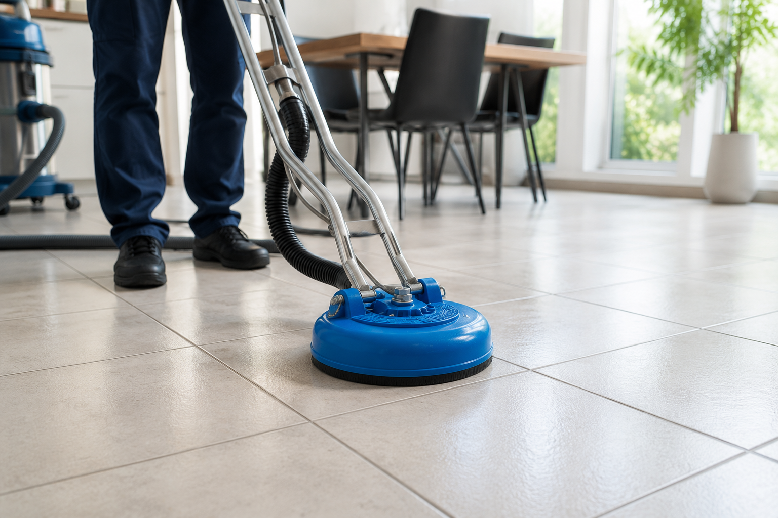 Person using a blue floor-cleaning machine on tiled indoor floor