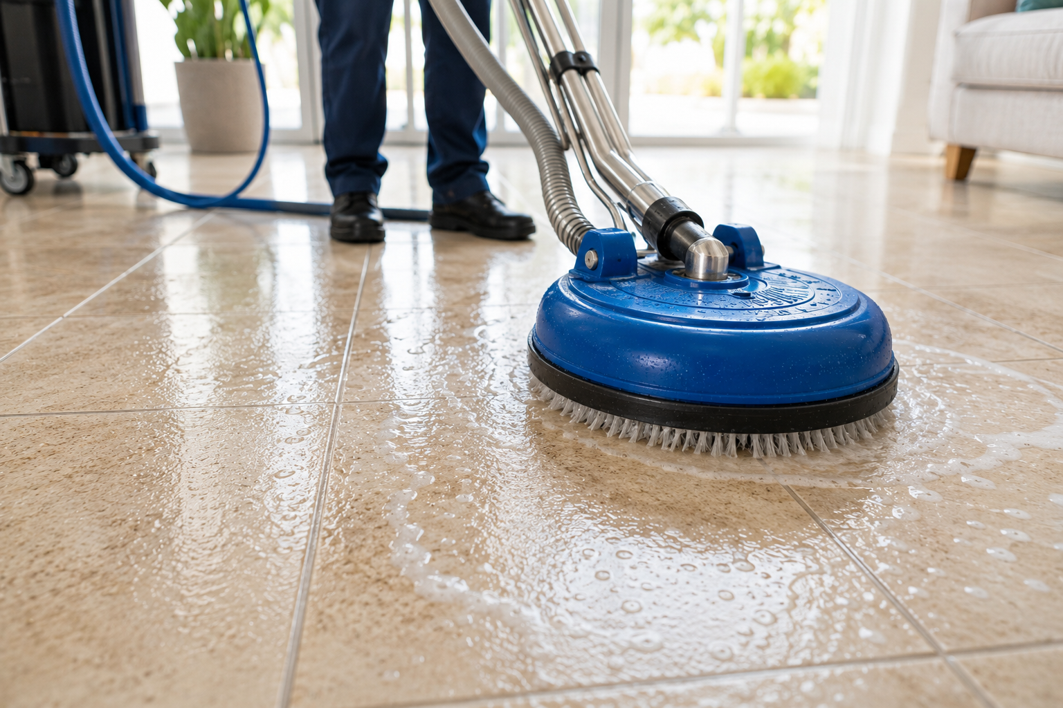 Blue floor-cleaning machine scrubbing a wet tile floor indoors