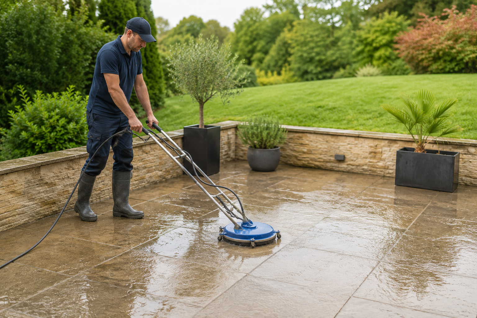 Man using a floor scrubber on a wet patio beside a garden and brick wall