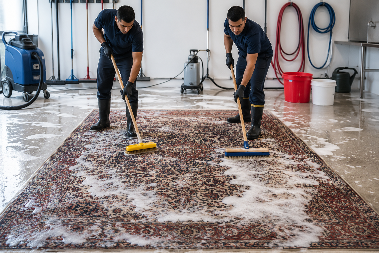 Two workers cleaning a large brown rug with scrubbers in a wet industrial workshop