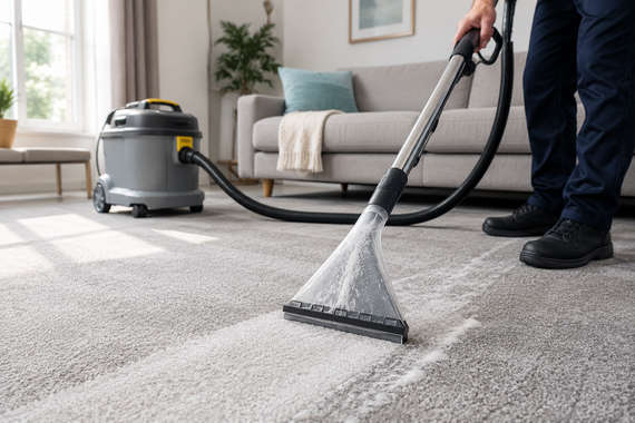 Person vacuuming a light gray carpet in a bright living room beside a canister vacuum cleaner