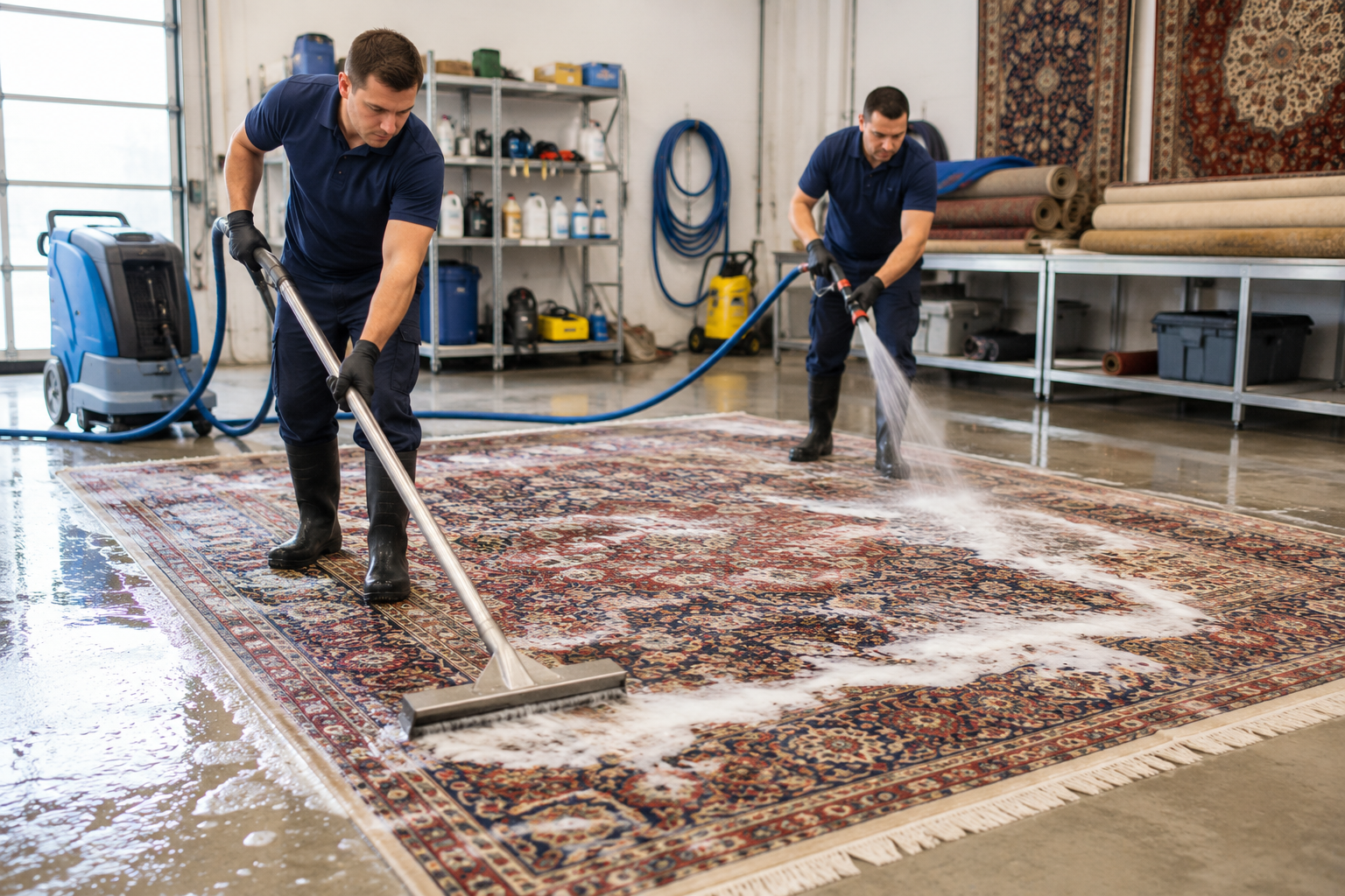 Two workers pressure-washing a large patterned rug in a workshop
