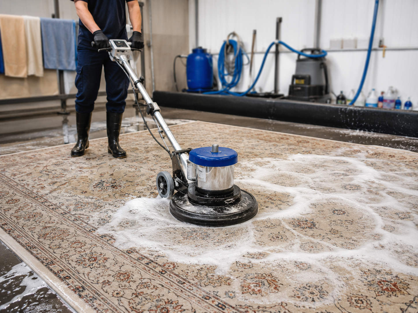 Person using a floor-cleaning machine on a soapy workshop floor