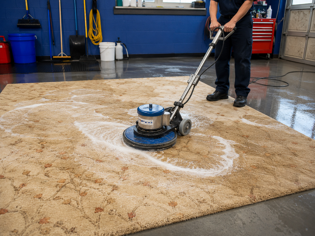 Person using a floor scrubber on a wet carpet in a workshop garage.