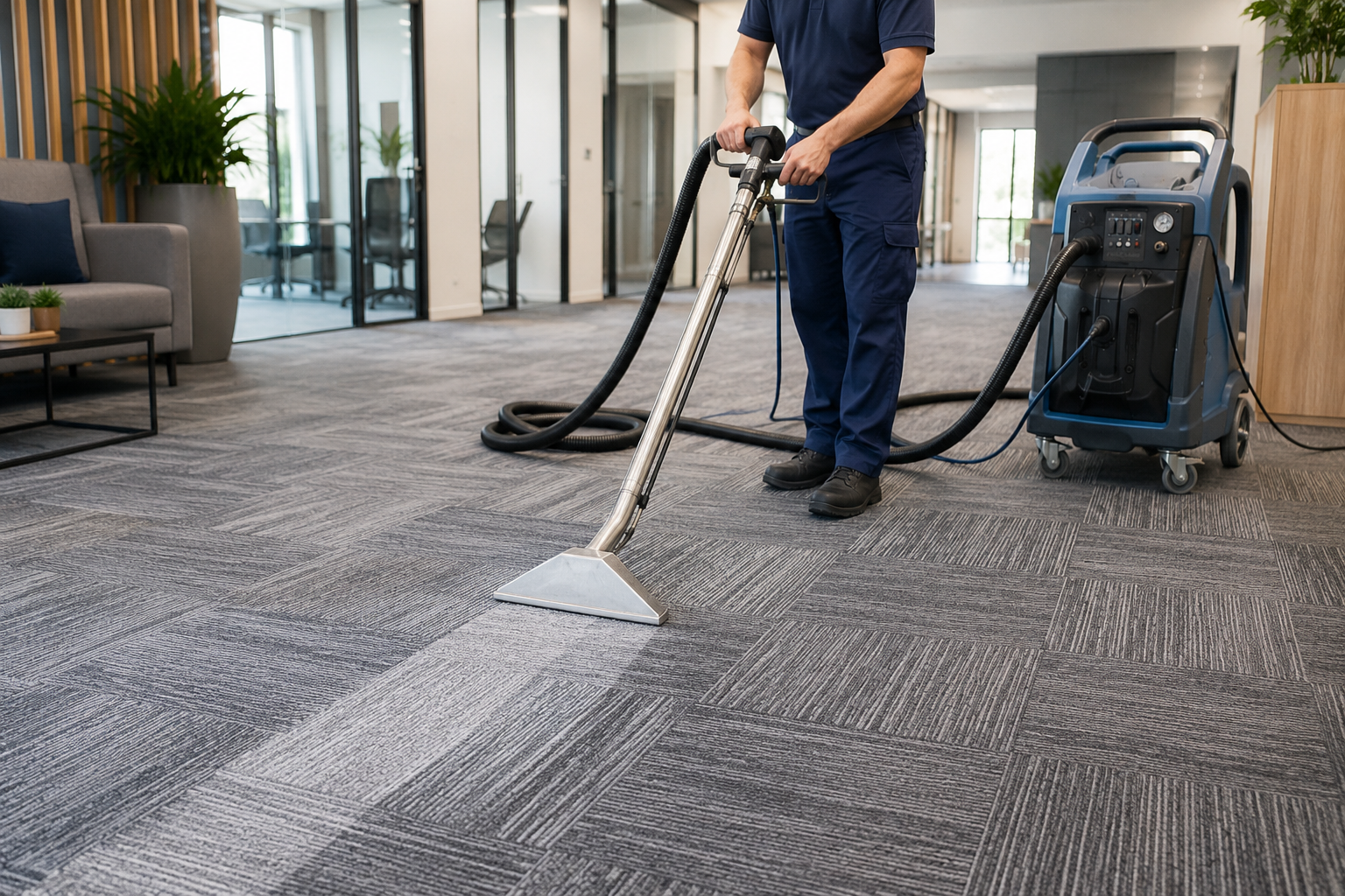 Cleaner using a carpet extractor on a gray office carpet in a modern lobby