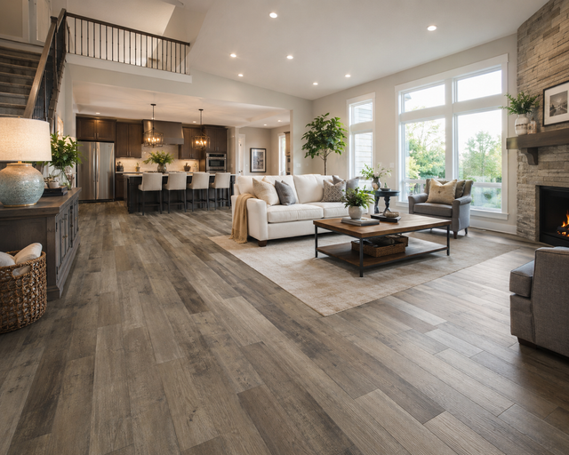 Open-concept living room with gray wood floors, white sofa, fireplace, and kitchen in the background