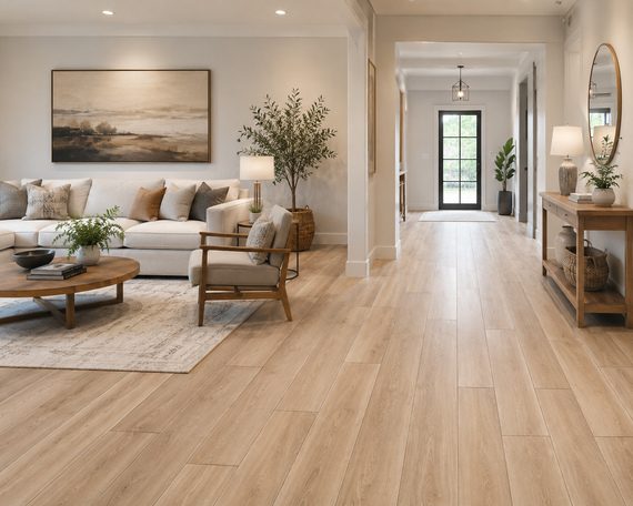 Bright modern living room with light wood floors, beige sofa, coffee table, and hallway leading to a doorway