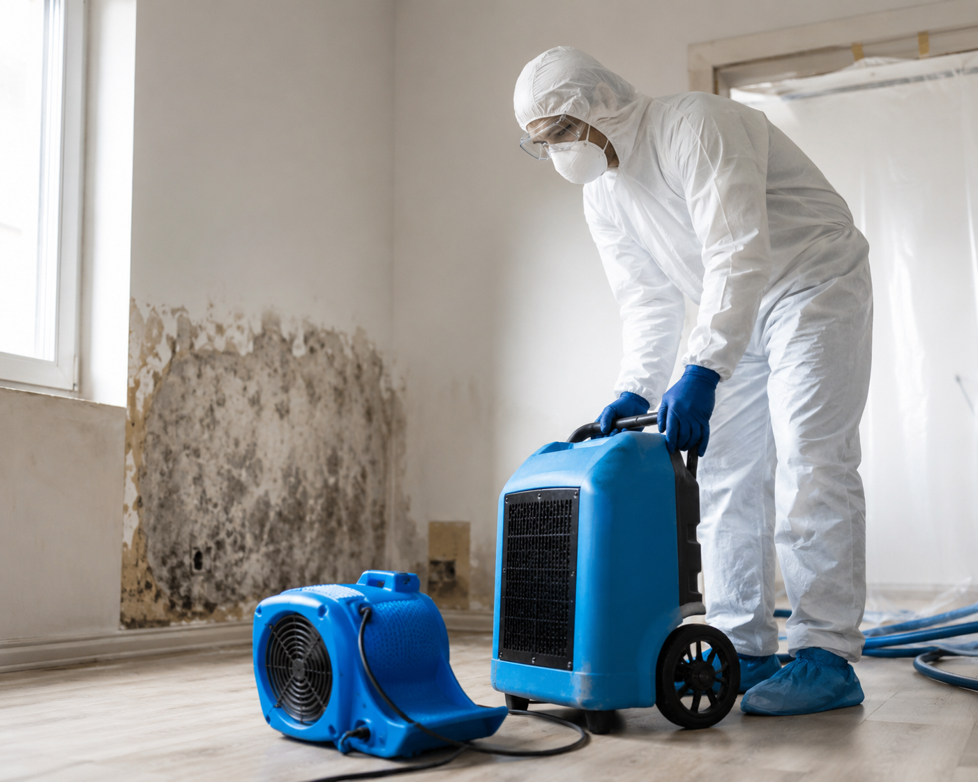 Worker in white protective suit using blue dehumidifiers in a damp room with mold on the wall