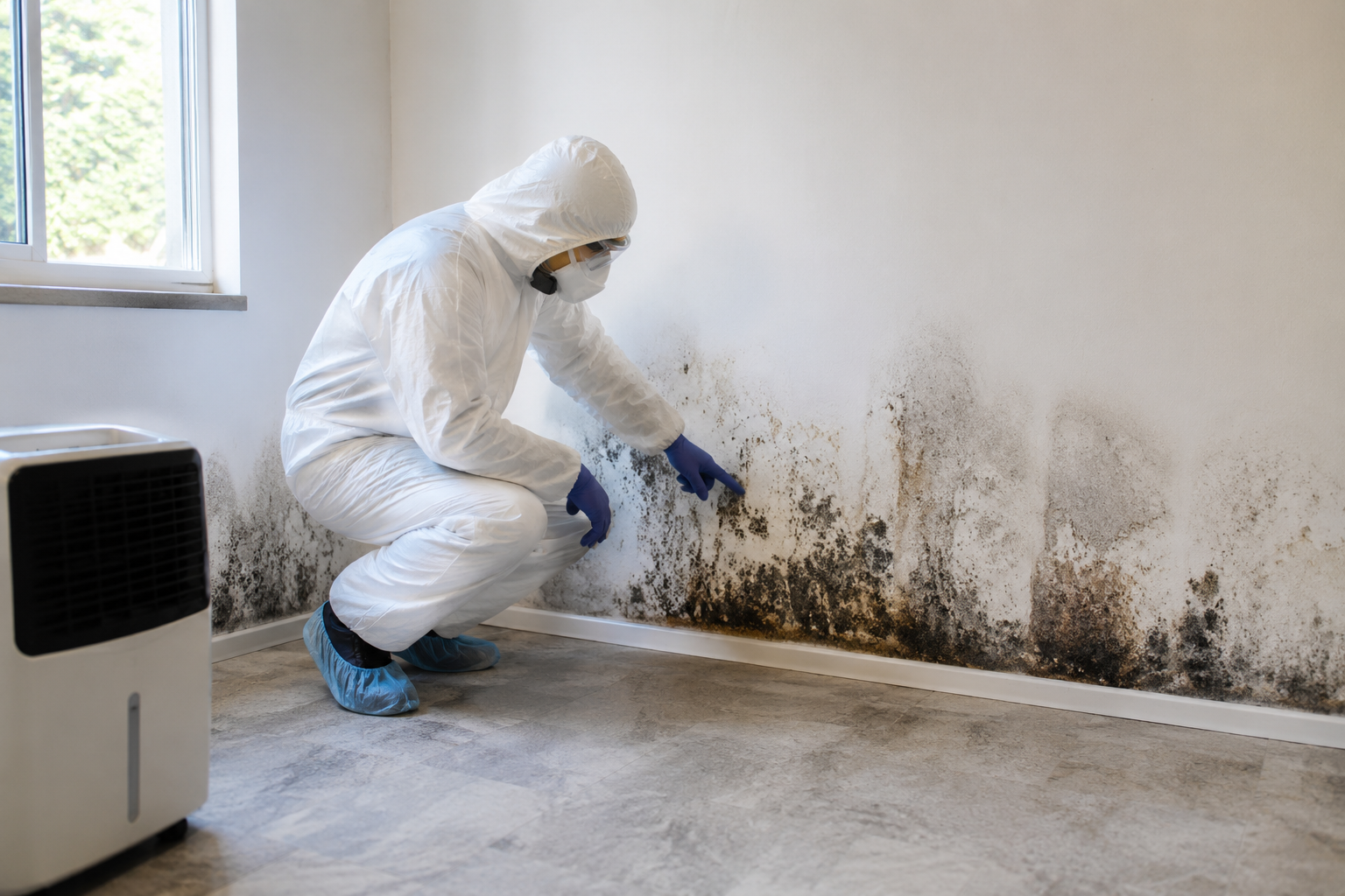 Technician in protective suit cleaning black mold from a wall near a window and dehumidifier