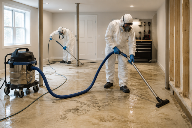 Workers in white hazmat suits cleaning a flooded basement with wet vacuums and hoses.