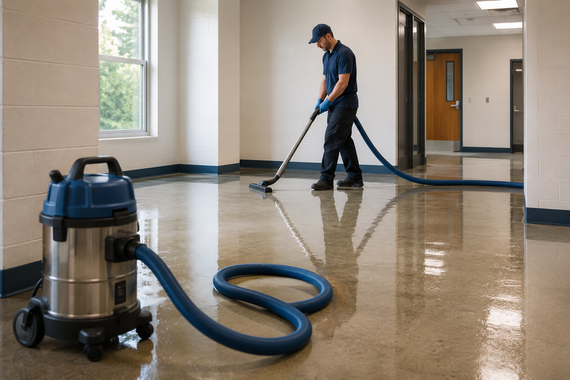 Worker mopping a wet school hallway with a blue-and-silver vacuum cleaner on the floor