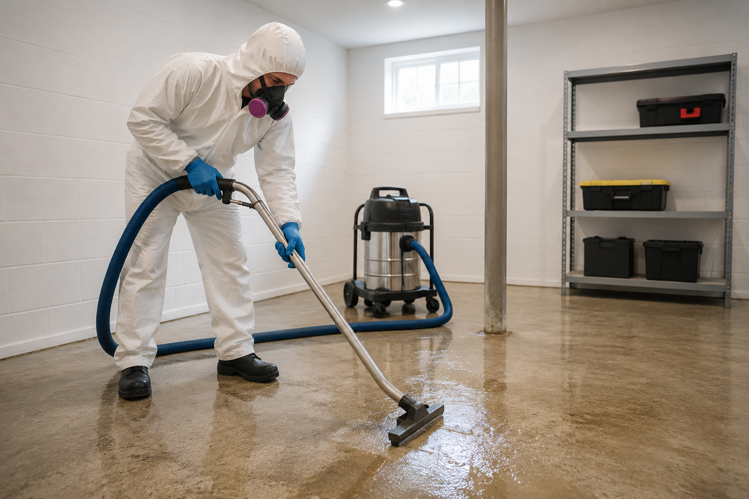 Person in protective suit cleaning a wet floor with a floor scrubber in a room indoors