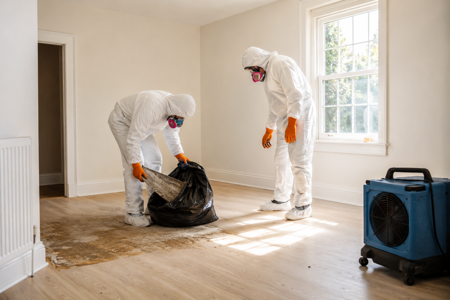 Two workers in white protective suits cleaning a room, with a blue air scrubber by the window.