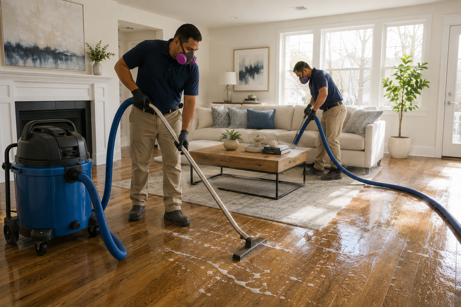 Two cleaners vacuuming wet floor in a bright living room with a sofa and large windows