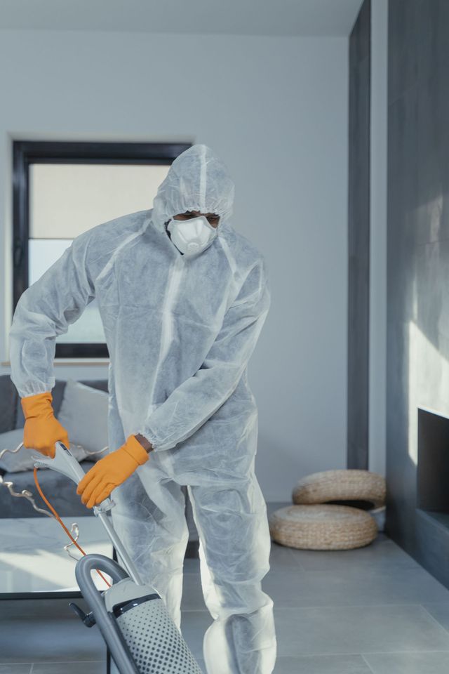 Person in a white protective suit and orange gloves cleaning a floor with a tool indoors.