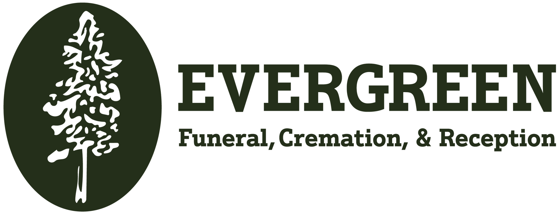 Logo for Evergreen Funeral, Cremation, & Reception featuring a dark green pine tree silhouette inside an oval.