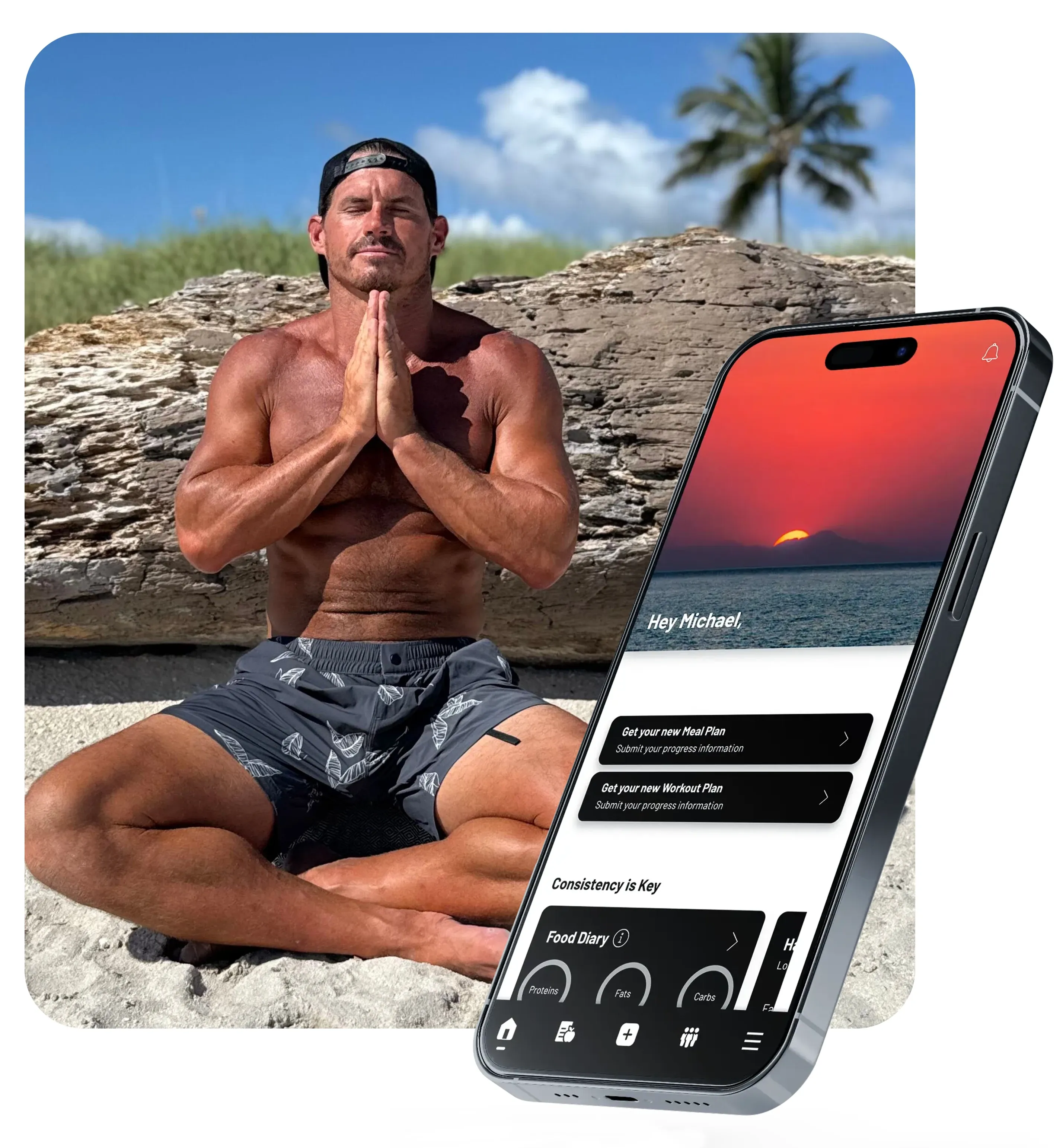 Smartphone mockup displaying a profile with text, a photo of a person, and black and white user interface.