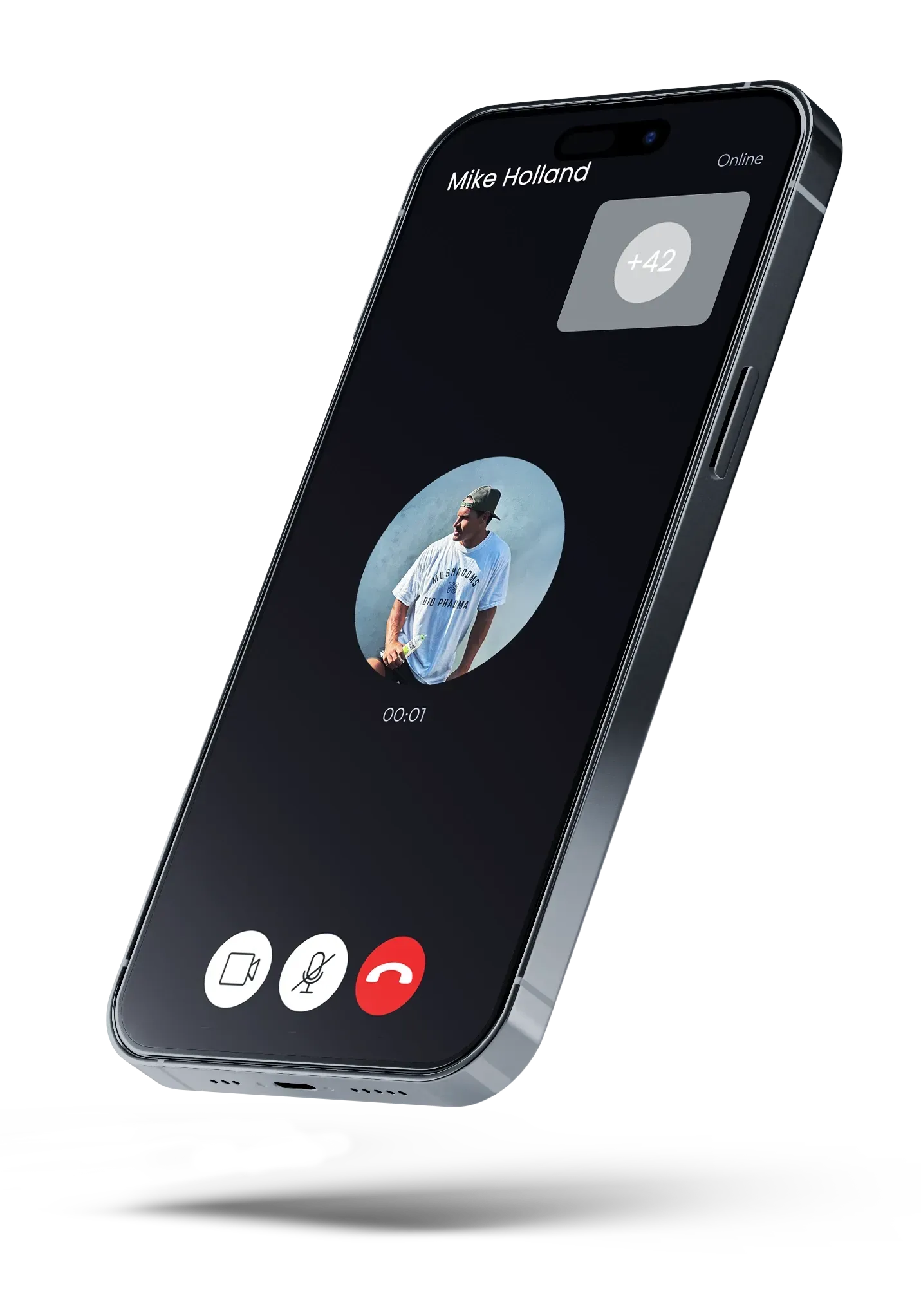 Smartphone mockup displaying a profile with text, a photo of a person, and black and white user interface.