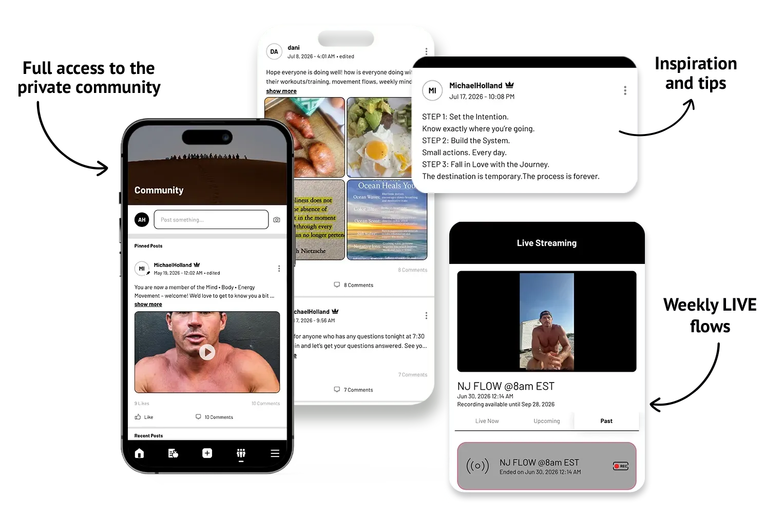 Smartphone mockup displaying a profile with text, a photo of a person, and black and white user interface.