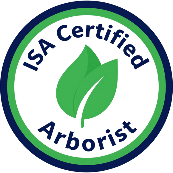 ISA Certified Arborist logo with green leaf inside a blue and green circular badge.