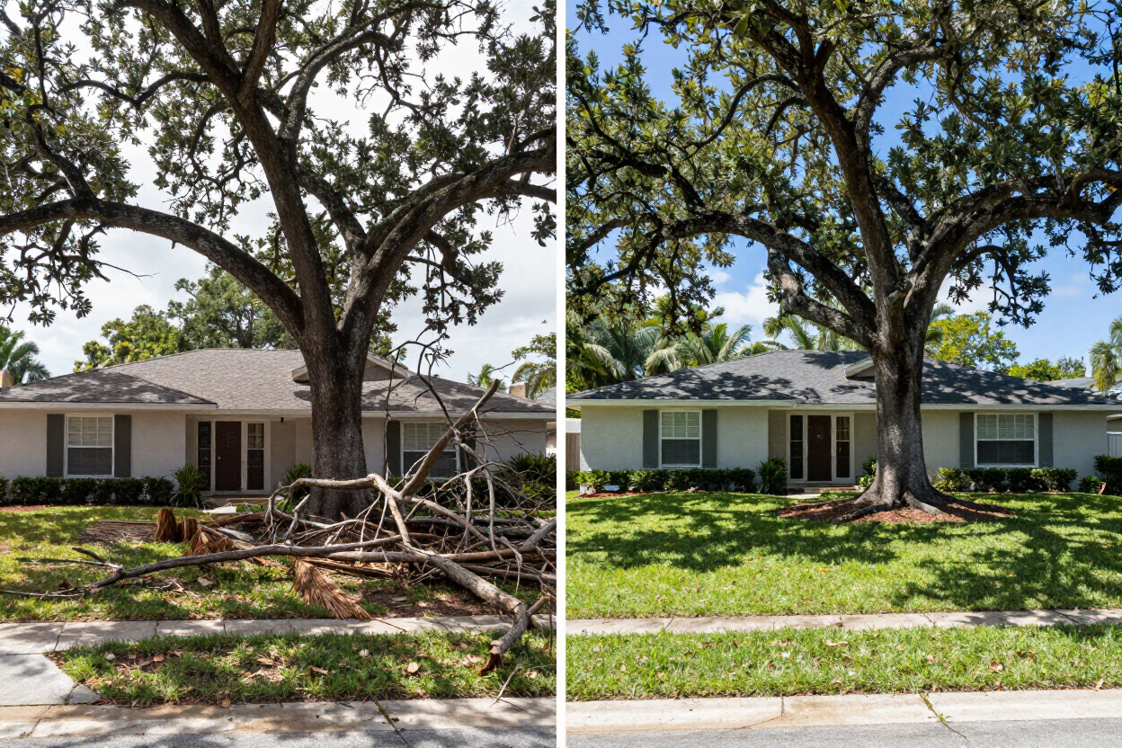 Before and after hazard oak removal at a Pinecrest residential property showing cleared safe yard