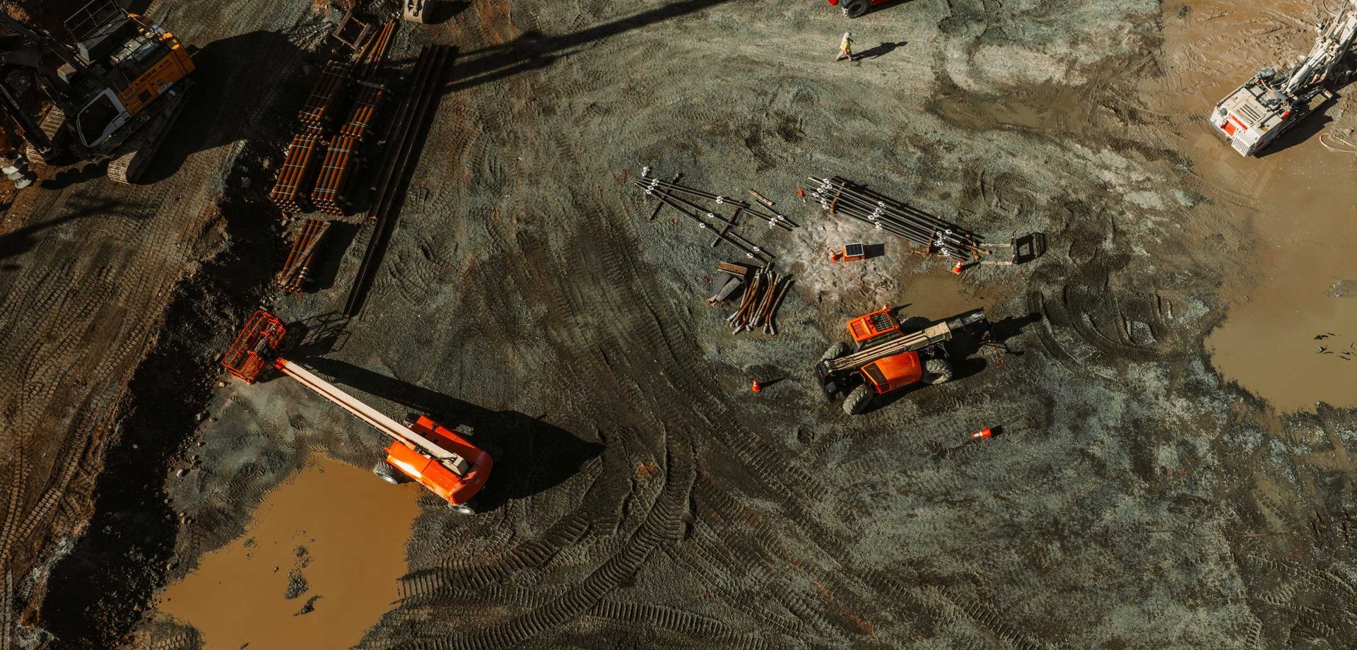 Overhead view of construction equipment in muddy terrain.