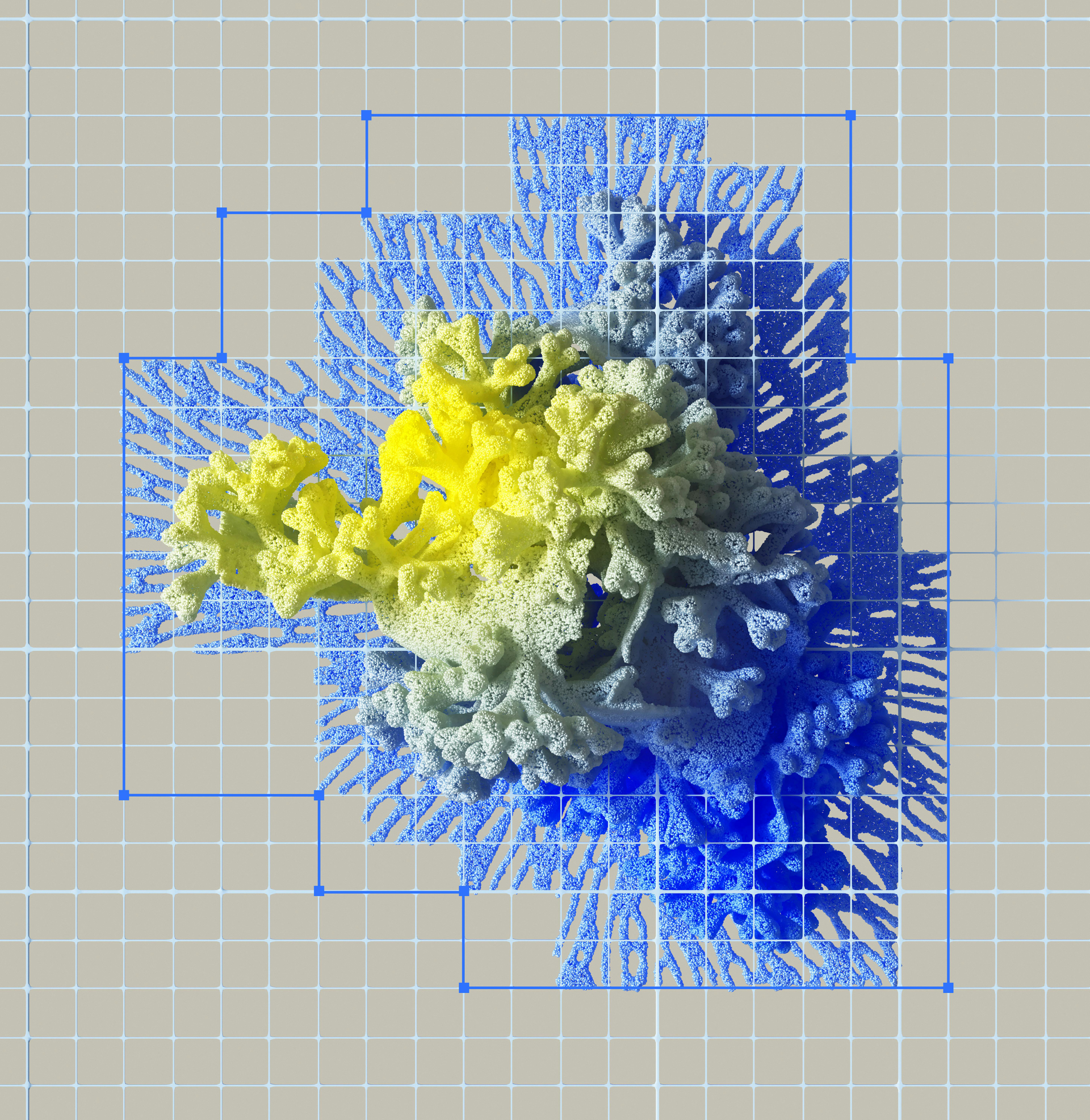 3D model of a complex, layered structure in shades of yellow and blue, overlaid with a grid and blue lines.