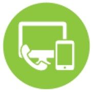 Green circle with white computer, phone, and telephone handset icon.