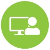 Person in front of a computer screen, in a green circle.
