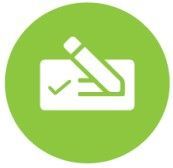White pencil and checkmark on a rectangle, over a green circle.