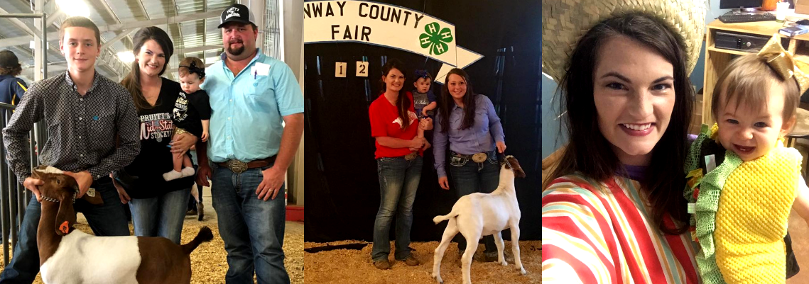 A collage showing people with goats at a fair, including a woman and child in a costume.