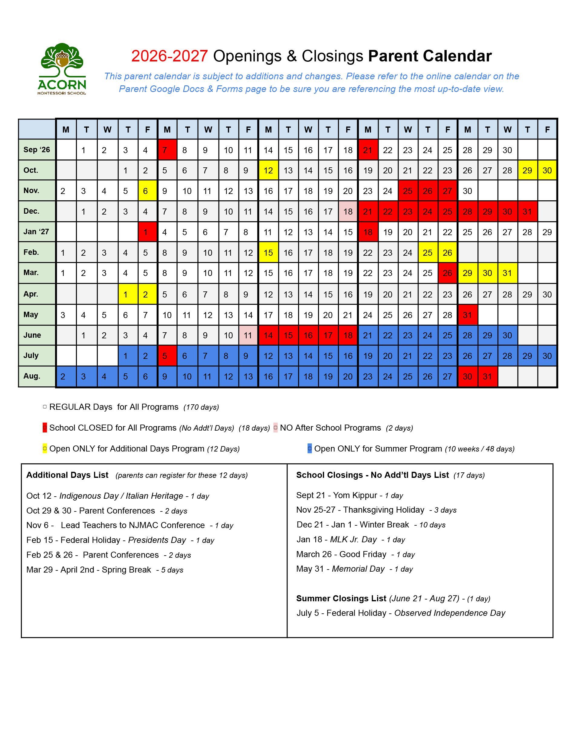 acorn montessori school calendar