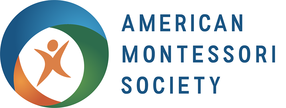 A logo for the american montessori society with a person in a circle