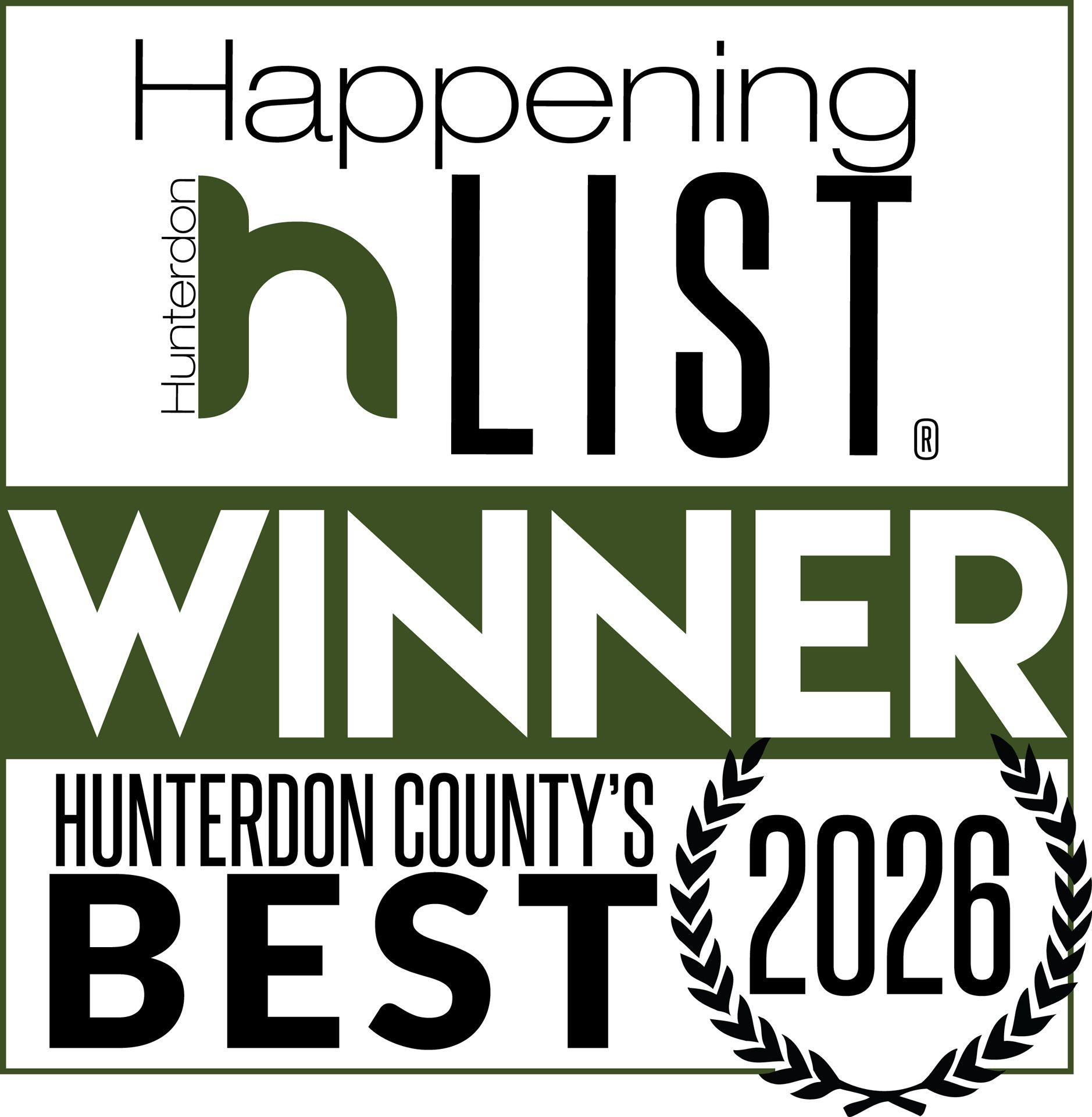 Happening HList winner badge for Hunterdon County’s Best 2026 in green and black