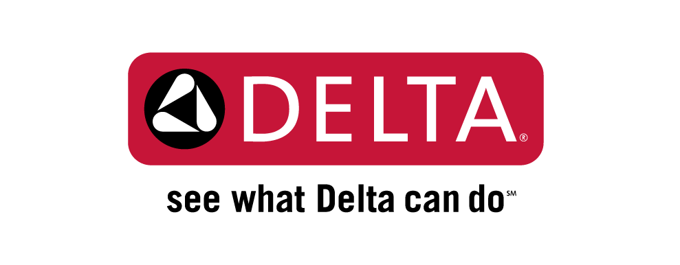 Delta logo with black triangle within a circle on a red background.