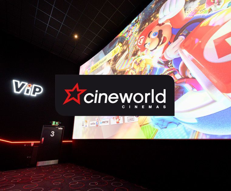 Joypad at Cineworld - Cinema gaming hire - cineworld logo over Mario Kart on cinema screen