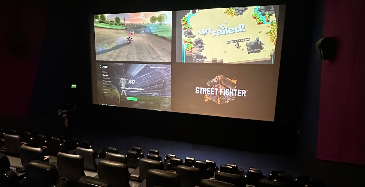 Joypad cinema gaming, 4 video game consoles connected to a single cinema screen at Vue cinemas