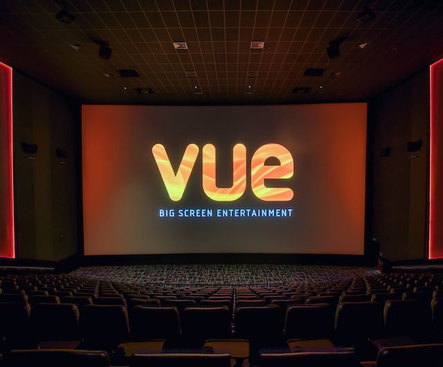 Click for more info Joypad at VUE - cinema gaming hire - Vue logo over various videogames displayed on cinema screen