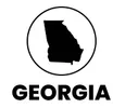 A black and white logo for georgia with a silhouette of the state in a circle.