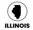 A black and white logo for illinois with a map of illinois in a circle.