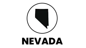 A black and white logo for nevada with a map of the state in a circle.