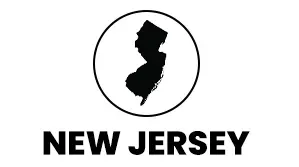 A black and white logo for new jersey with a map of the state in a circle.