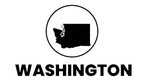 A black and white logo for washington state with a map of the state in a circle.