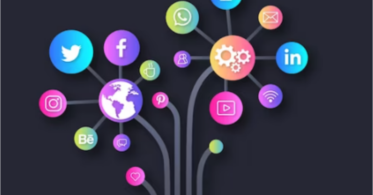 Colorful social media icons connected in a network on a dark background. 