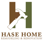 Logo for "Hase Home Remodeling & Renovation" with a hammer superimposed over the letter "H" composed of brown and green blocks.