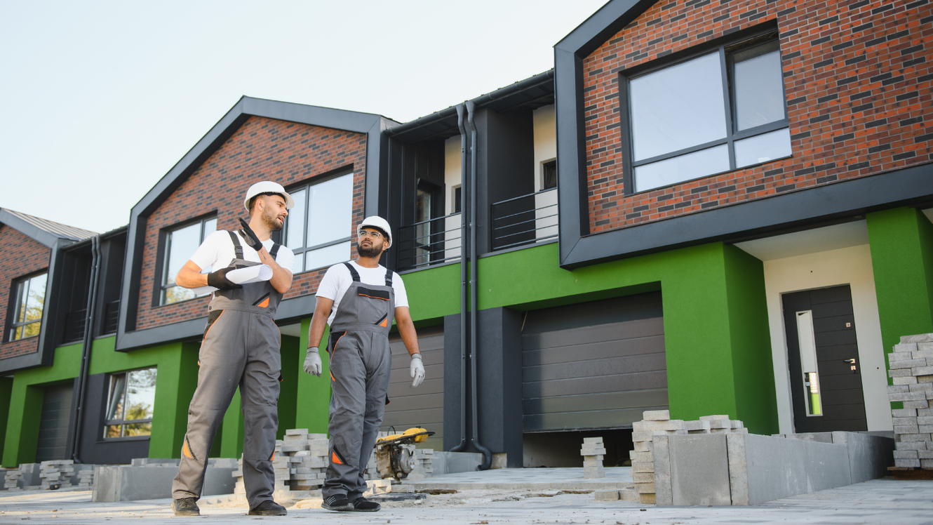 Two construction workers in front of townhouses; one with crossed arms, the other walking. Green and brick exteriors.